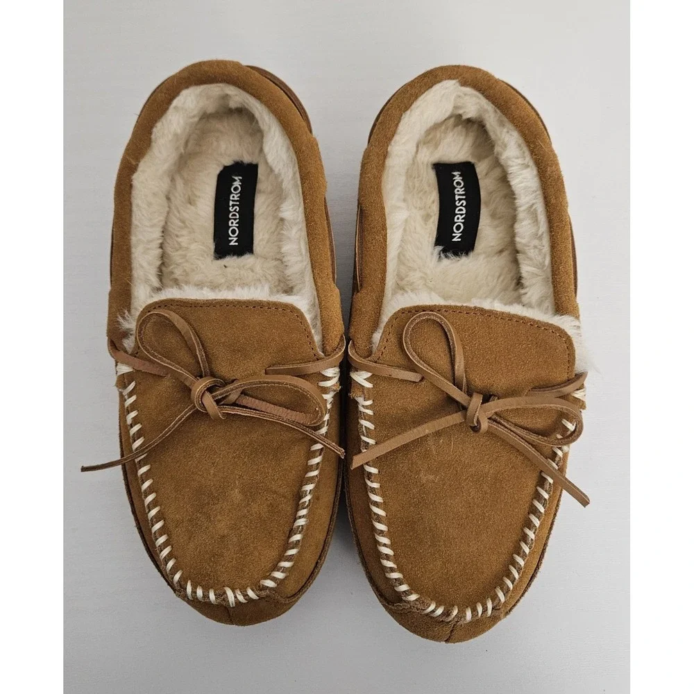 NWOT Nordstrom Men's Micah Suede Moccasin Slippers Faux Fur Lined Chestnut‎ 7-8